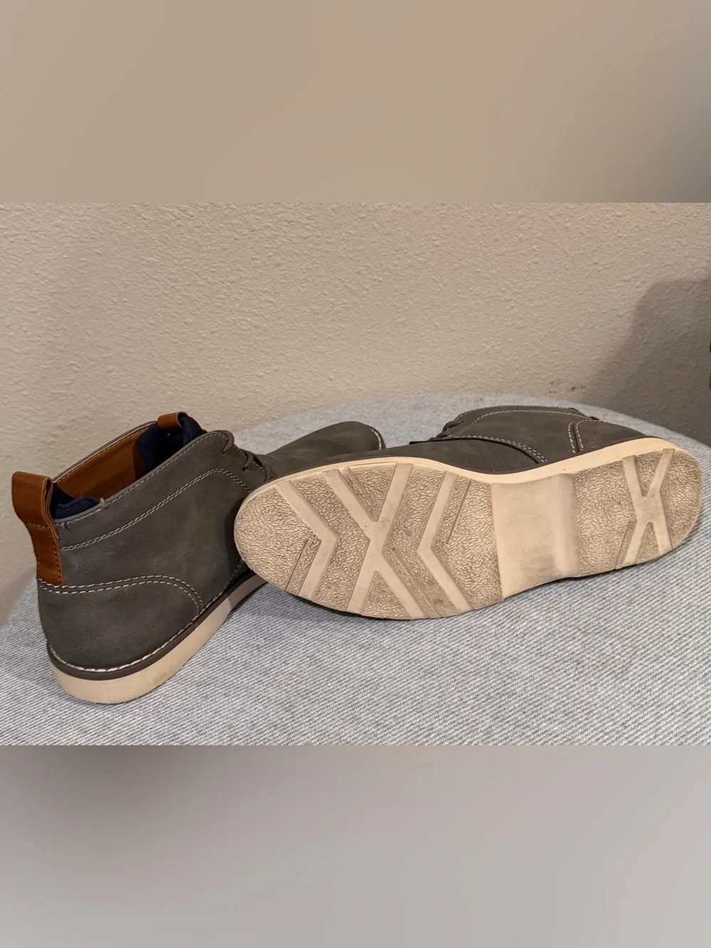 Sonoma Gray Chukka Boots with Navy and Tan Accents